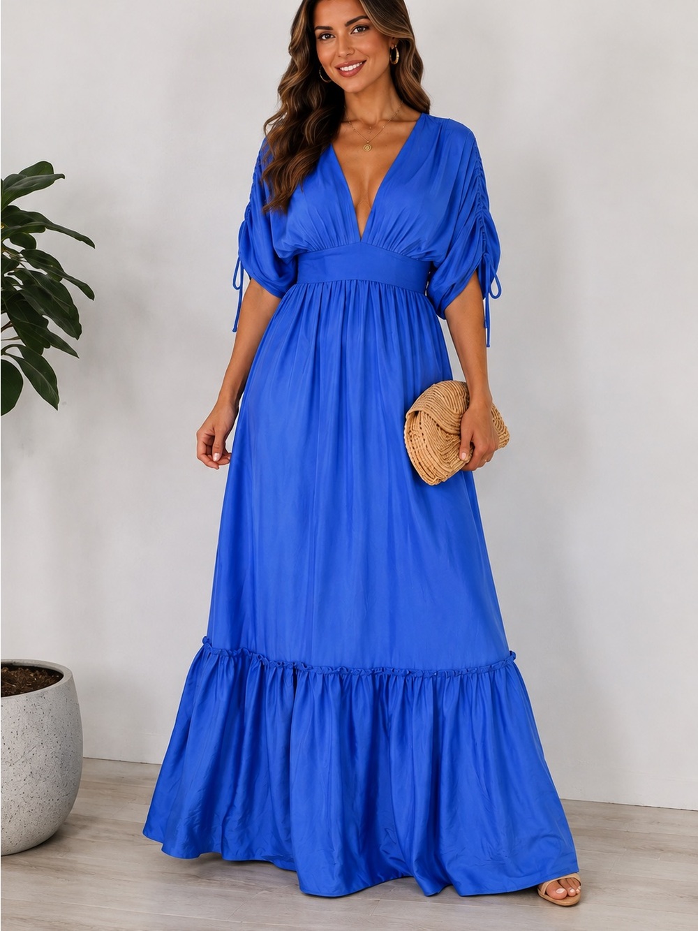 Cobalt Blue Maxi Dress Women’s L Deep V Neck Puff Sleeve Tiered Vacation Boho